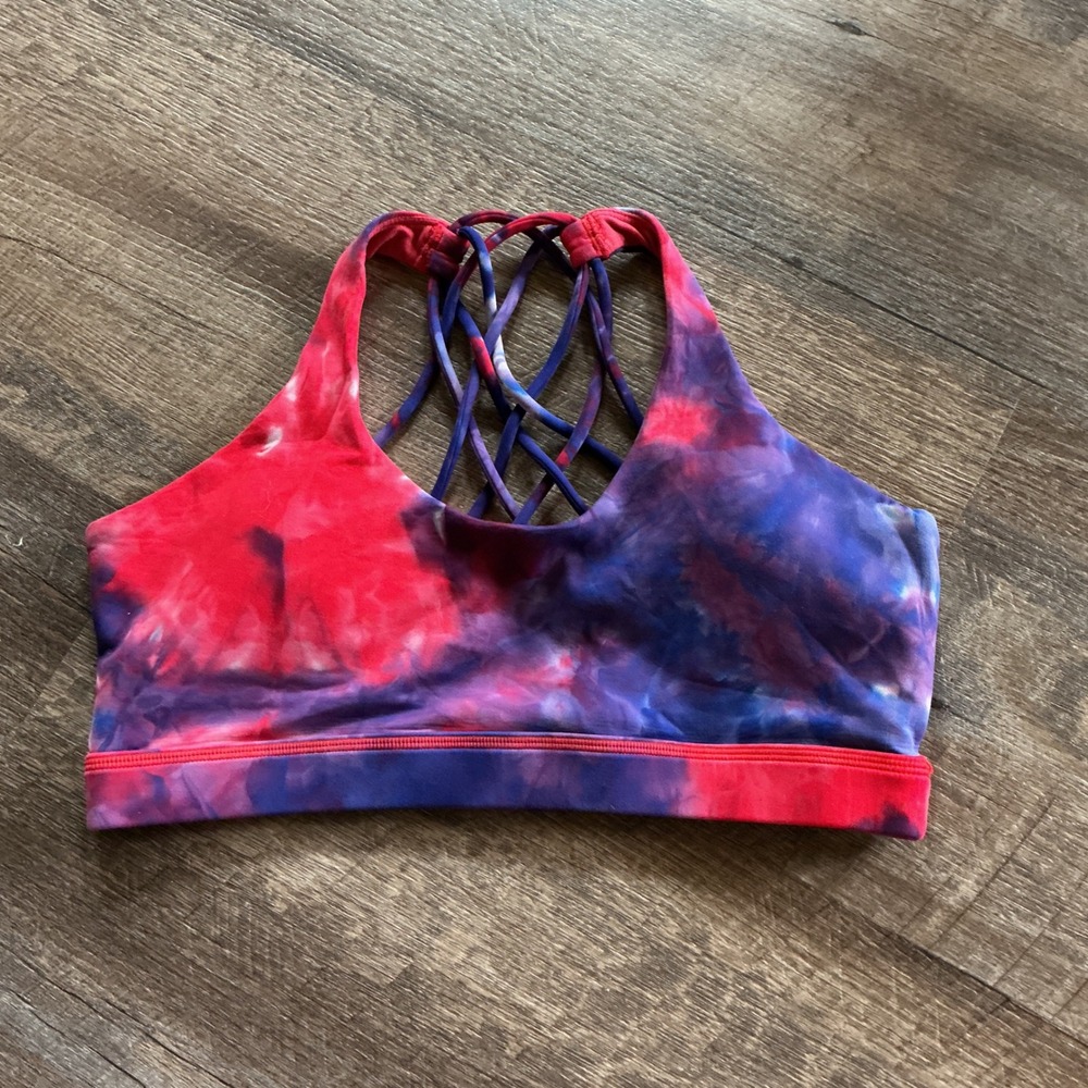 Womens Red Purple Blue Tie Dye Strappy Lattice Back Sports Bra Medium Impact